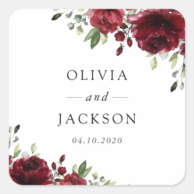 Burgundy Flowers, Red Flowers, Floral Wedding Square Sticker (Front)