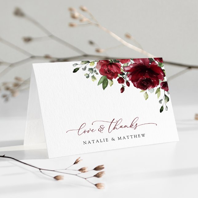 Burgundy Flowers, Red Flowers, Floral Wedding Thank You Card (Creator Uploaded)