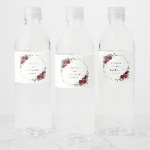 Burgundy Flowers, Red Flowers, Floral Wedding Water Bottle Label