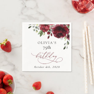 Burgundy Flowers, Red Flowers, Greenery, Birthday Napkin