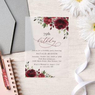 Burgundy Flowers, Red Flowers, Greenery, Birthday Vellum Invitations