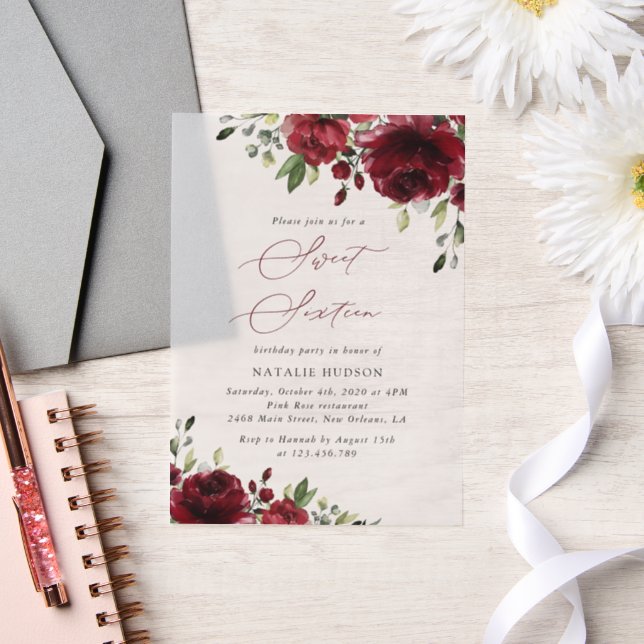 Burgundy Flowers, Red Flowers, Greenery, Sweet 16 Vellum Invitations (Wedding)