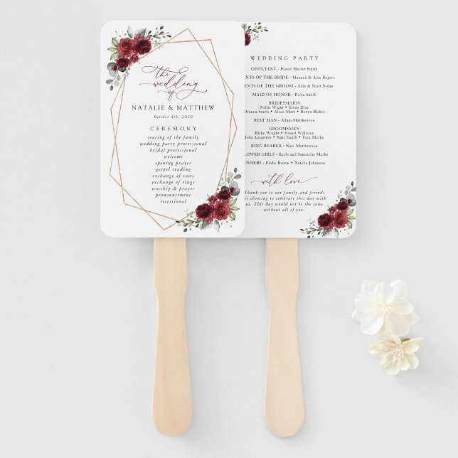Burgundy Flowers, Red Flowers, Wedding Program Hand Fan (Front and Back)