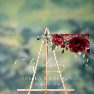 Burgundy Flowers, Red Flowers, Wedding Welcome Acrylic Sign