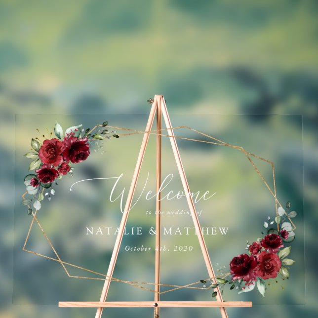 Burgundy Flowers, Red Flowers, Wedding Welcome Acrylic Sign (Neutral)