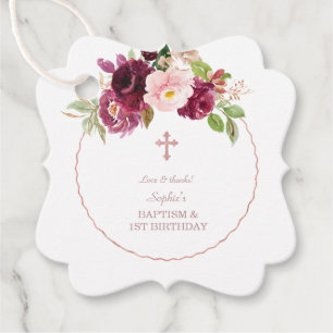 Burgundy Flowers Rose Gold 1st Birthday & Baptism Favour Tags