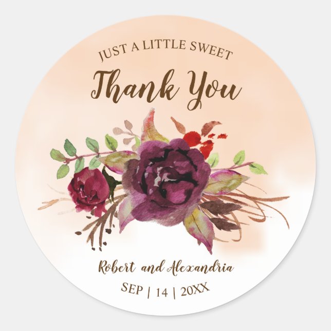 Burgundy Flowers | Sweet Treat Wedding Thank You  Classic Round Sticker (Front)