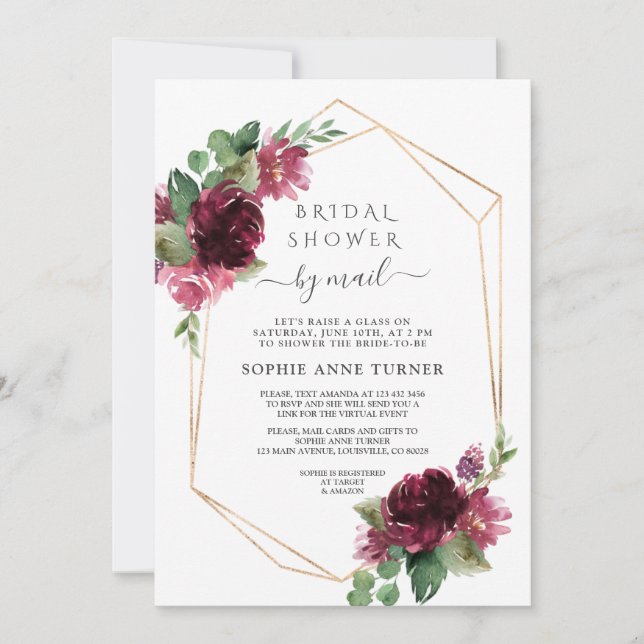 Burgundy Flowers Virtual Bridal Shower By Mail Invitation (Front)