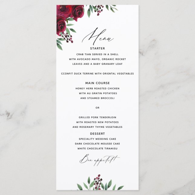 Burgundy Flowers Wedding Menu (Front)