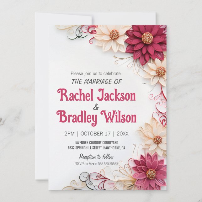 Burgundy Flowers Wedding Paper Quilling Simulated  Invitation (Front)