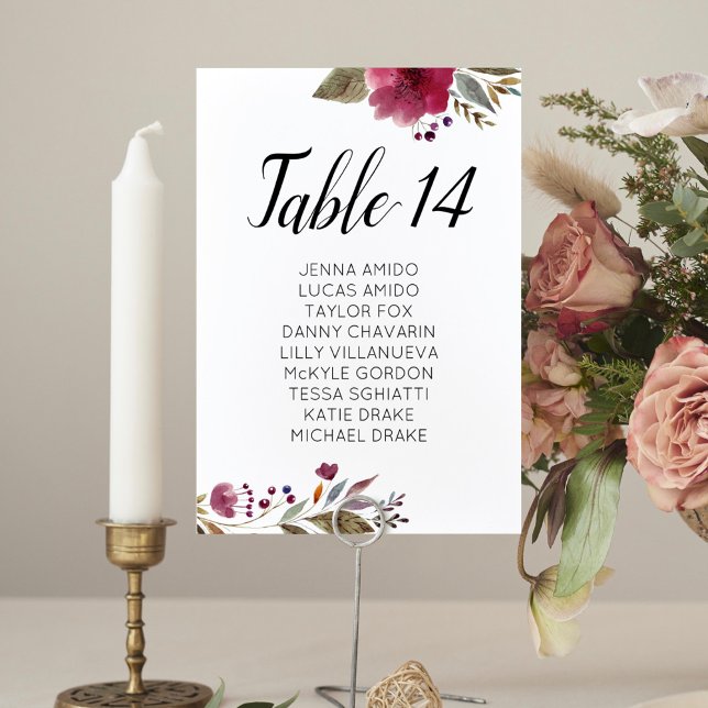 Burgundy Flowers Wedding Seating Chart Cards (Creator Uploaded)