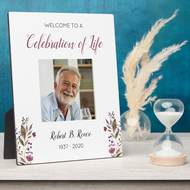 Burgundy Flowers Welcome Celebration Of Life Photo Plaque (Side)