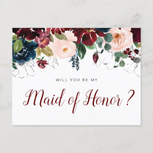 burgundy flowers will you be my Maid of Honour car Invitation Postcard