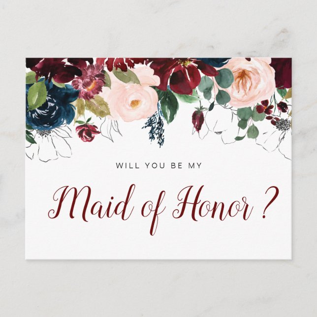 burgundy flowers will you be my Maid of Honour car Invitation Postcard (Front)