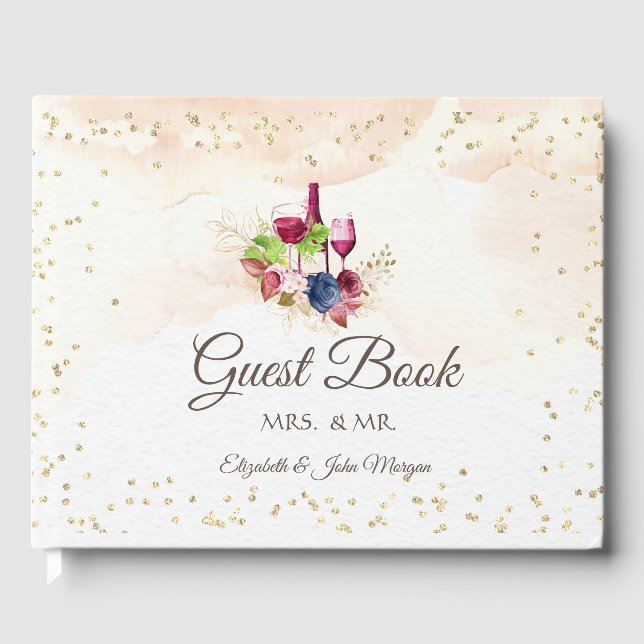 Burgundy Flowers Wine Tasting  Watercolor Wedding Guest Book (Front)