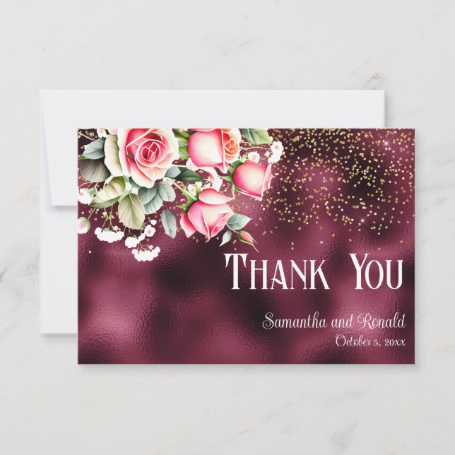 Burgundy Foil Gold Glitter Wedding Thank You Card (Front)