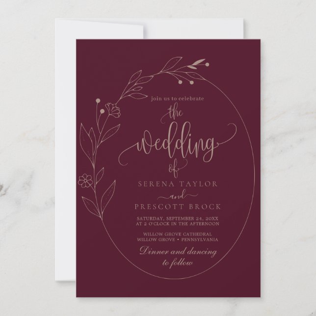 Burgundy Foliage Calligraphy All in One Wedding  Invitation (Front)