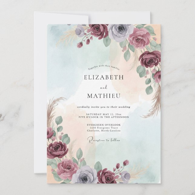 Burgundy Foliage Romantic Eucalyptus Wedding Invitation (Front)