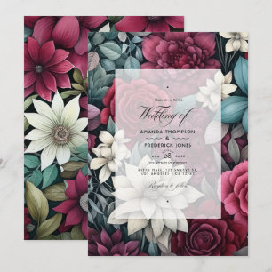 Burgundy, Forest Green and Charcoal Floral Wedding Invitation