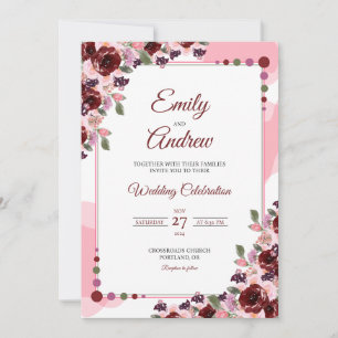 Burgundy Frame Elegant Floral Watercolor Wedding Invitation