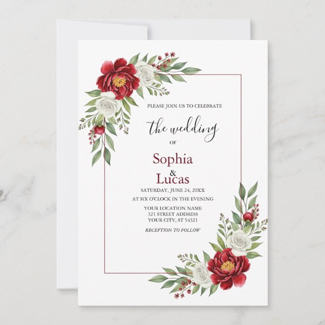 Burgundy Frame Floral Wedding Invitation (Front)