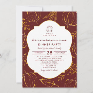 Burgundy Friendsgiving Dinner Orange Pumpkin Leaf  Invitation