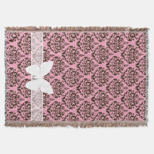 Burgundy Frosted Orchid Damask with Butterfly Throw Blanket (Front)