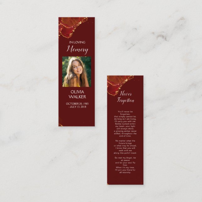 Burgundy Funeral Bookmark, Funeral Keepsake Cards (Front/Back)
