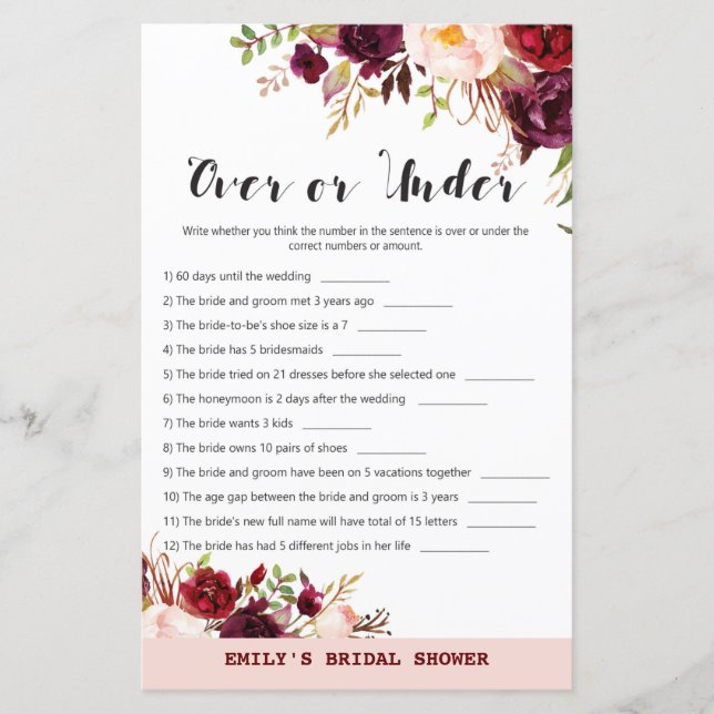 Burgundy Garden Bridal Shower Game PRINTED (Front)