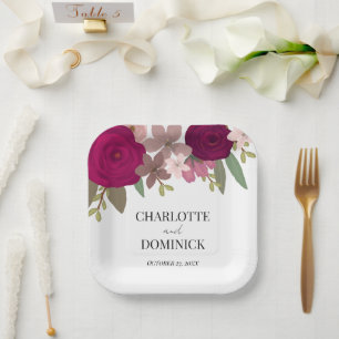 Burgundy Garden Flowers Wedding Paper Plate