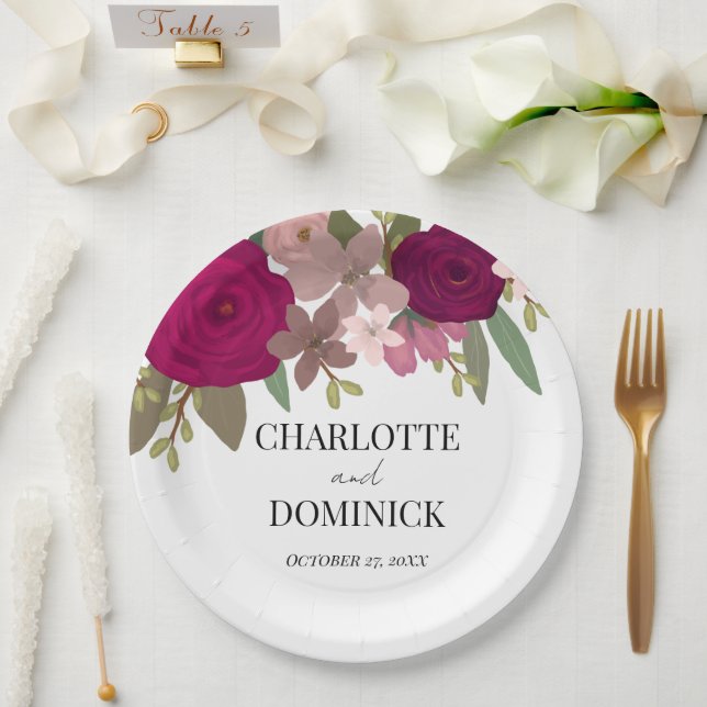 Burgundy Garden Flowers Wedding  Paper Plate (Wedding)