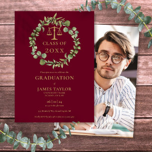 Burgundy Garland Photo Law School Graduation Invitation