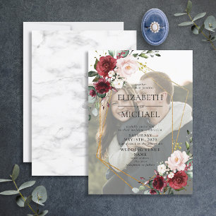Burgundy Geometric Floral Vellum Overlay Photo  Invitation