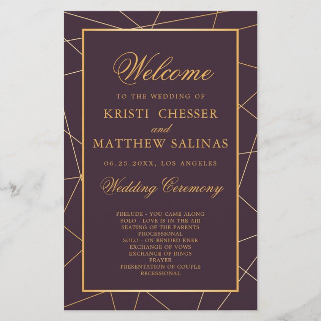 Burgundy Geometric Gold Frame Wedding Program Card (Front)