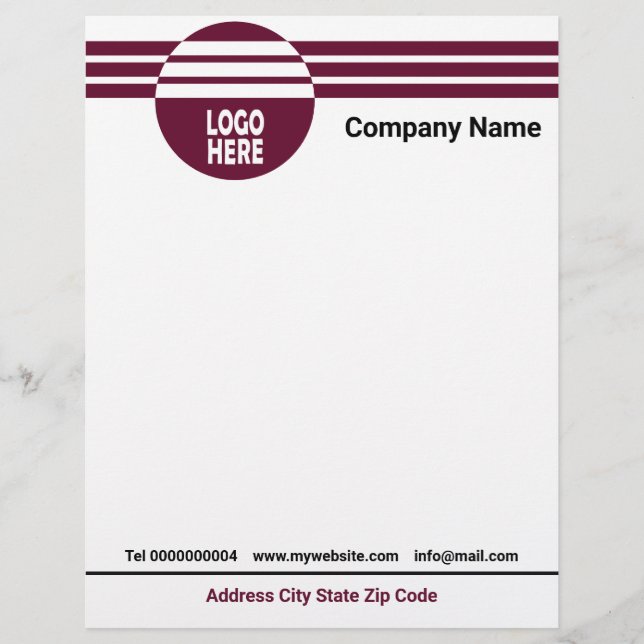 Burgundy geometric stripes with logo and QR code Custom Letterhead (Front)