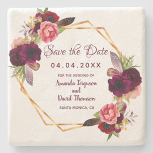 Burgundy geometric wedding save the date stone coaster
