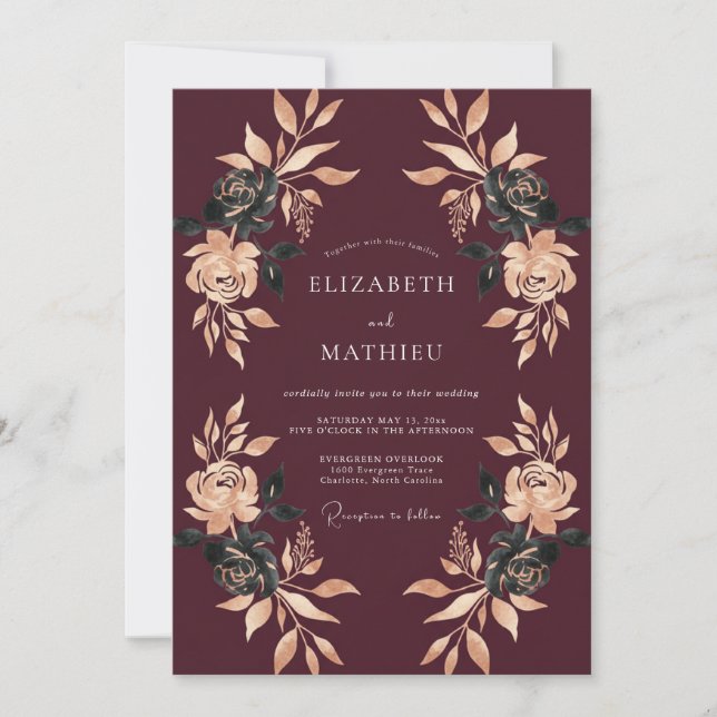 Burgundy Gilded Autumnal Wedding Invitation (Front)