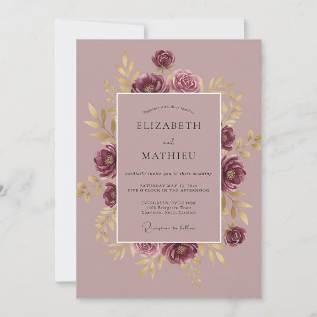 Burgundy Gilded Botanical Wedding Invitation (Front)