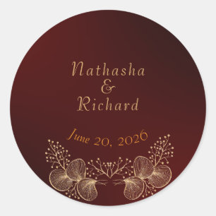 Burgundy & Gilded Floral Elegant Wedding Classic Round Sticker