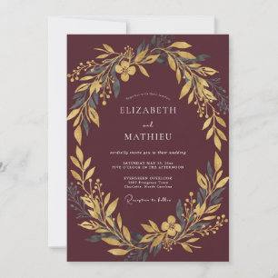 Burgundy Gilded Wreath Wedding Invitation