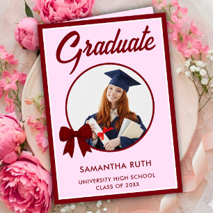 Burgundy Gingham Bow Photo Graduation  Card