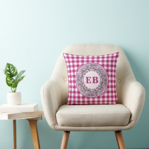 Burgundy Gingham Floral Rose Wreath Custom Initial Cushion