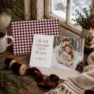 Burgundy Gingham Newlywed Christmas Photo Holiday Card