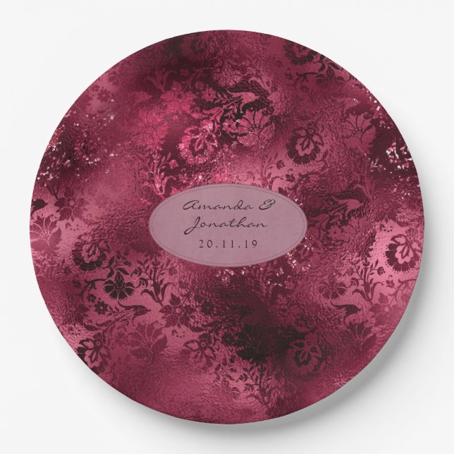 Burgundy Glam Foil Glitter Damask Wedding Paper Plate (Front)