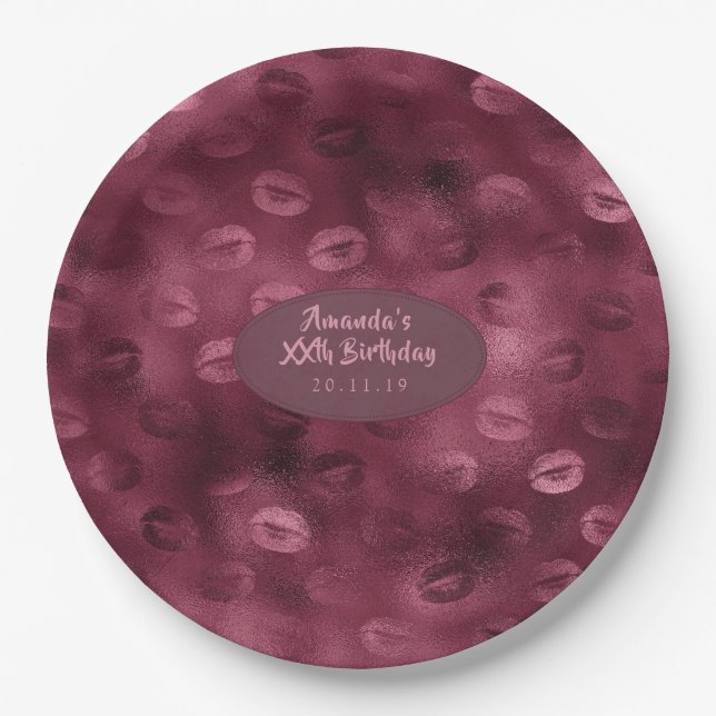 Burgundy Glam Foil Glitter Lips Paper Plate (Front)