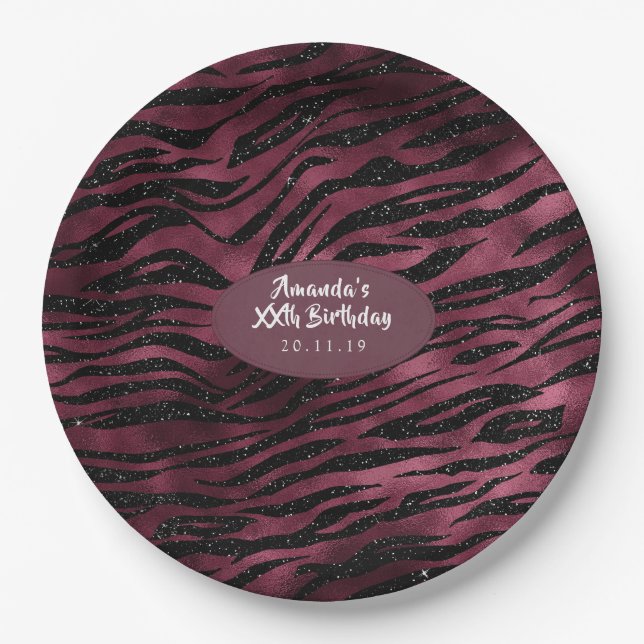 Burgundy Glam Foil Glitter Tiger Stripes Paper Plate (Front)