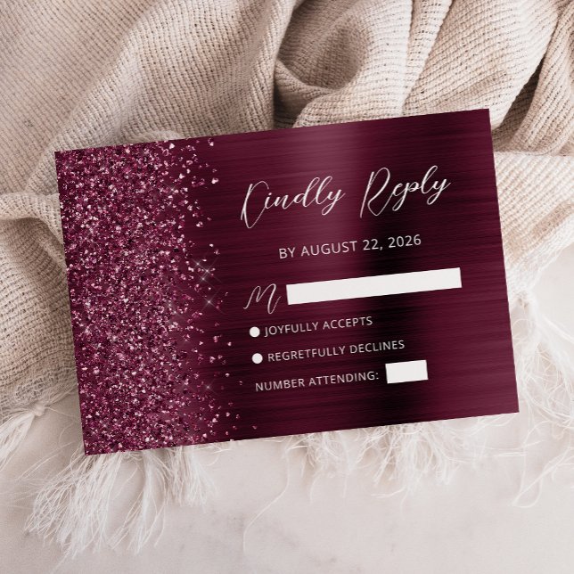 Burgundy Glam Glitter Script Wedding RSVP Card (Creator Uploaded)
