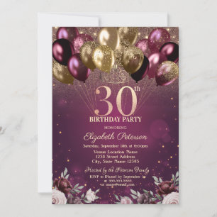 Burgundy Glitter Balloons Flowers 30th Birthday Invitation