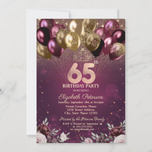 Burgundy Glitter Balloons Flowers 65th Birthday  Invitation