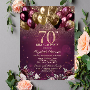 Burgundy Glitter Balloons Flowers 70th Birthday Invitation